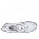 Woman's laced shoe with zippers in white leather and silver laminated leather wedge heel 4 - Available sizes:  42, 44