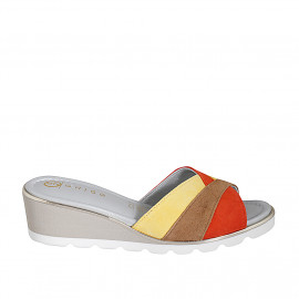 Sabot da donna in camoscio color giallo, cuoio e arancione zeppa 4 - Misure disponibili: 35