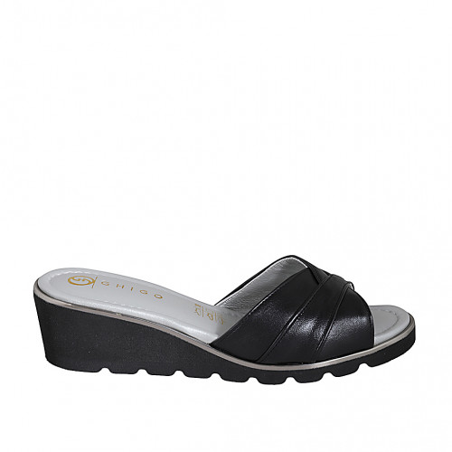 Woman's mule in black leather wedge heel 4 - Available sizes:  35, 43
