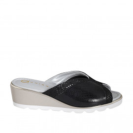 Woman's mule in black printed leather and printed suede wedge heel 4 - Available sizes:  35