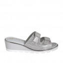Woman's mules with adjustable buckles in silver laminated printed suede wedge heel 4 - Available sizes:  34, 35