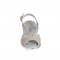 Woman's sandal in beige leather and platinum laminated printed suede with rhinestones and wedge heel 4 - Available sizes:  35, 44