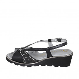 Woman's sandal in black leather and laminated printed suede with rhinestones and wedge heel 4 - Available sizes:  35, 43 2