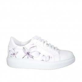 Scarpa stringata da donna in pelle bianca e stampata floreale viola con plantare estraibile zeppa 4 - Misure disponibili: 42, 43
