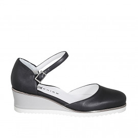 Chaussure ouverte pour femmes avec courroie en cuir noir talon compensé 5 - Pointures disponibles:  32, 35, 42, 44