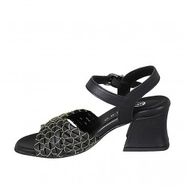 Sandalia para mujer con cinturon en piel negra con red oro tacon 6 - Tallas disponibles:  32, 45 2
