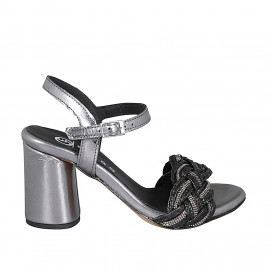 Woman's sandal in dark grey laminated and black leather with ankle strap and rhinestones heel 7 - Available sizes:  32, 33, 34, 35, 42, 45