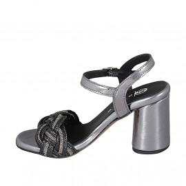Woman's sandal in dark grey laminated and black leather with ankle strap and rhinestones heel 7 - Available sizes:  32, 33, 34, 35, 42, 45 2