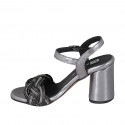 Woman's sandal in dark grey laminated and black leather with ankle strap and rhinestones heel 7 - Available sizes:  32, 33, 34, 35, 42, 45
