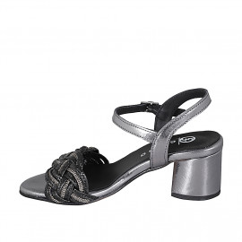 Woman's sandal in dark grey laminated leather and black raphia with ankle strap and rhinestones heel 5 - Available sizes:  42, 45 2