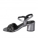 Woman's sandal in dark grey laminated leather and black raphia with ankle strap and rhinestones heel 5 - Available sizes:  42, 45