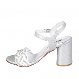 Woman's sandal in silver laminated leather and white raphia with ankle strap and rhinestones heel 7 - Available sizes:  35, 42, 44, 45 2