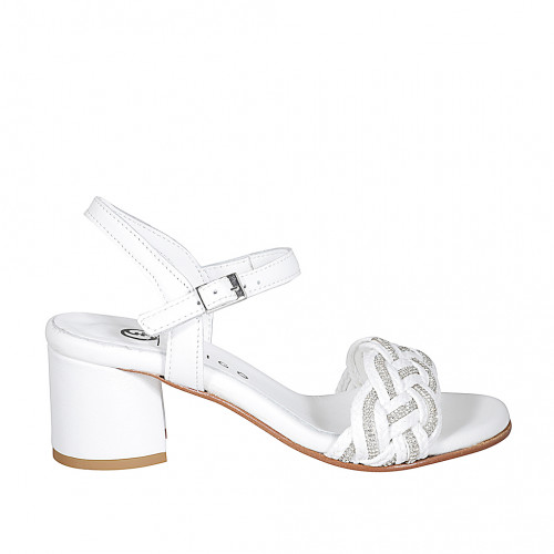 Sandale pour femmes en cuir et rafia blanc avec courroie à la cheville et strass talon 5 - Pointures disponibles:  35
