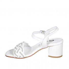 Sandale pour femmes en cuir et rafia blanc avec courroie à la cheville et strass talon 5 - Pointures disponibles:  35 2