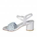 Woman's sandal in silver laminated leather and light blue raphia with ankle strap and rhinestones heel 5 - Available sizes:  35