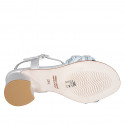 Woman's sandal in silver laminated leather and light blue raphia with ankle strap and rhinestones heel 5 - Available sizes:  35