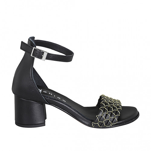 Scarpa aperta da donna con cinturino in pelle nera con rete oro tacco 5 - Misure disponibili: 32, 35, 43, 45
