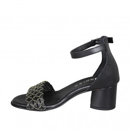 Woman's open shoe with strap in black leather with golden net heel 5 - Available sizes:  32, 35, 43, 45 2