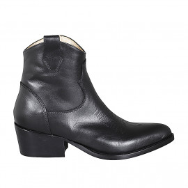 Bottine Texan pour femmes avec fermeture éclair et broderie en cuir noir talon 5 - Pointures disponibles:  35, 46