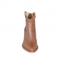 Woman's Texan ankle boot with zipper and embroidery in cognac brown leather heel 5 - Available sizes:  32, 42, 43, 44, 46