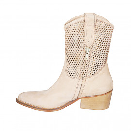 Bottines texane avec demi fermeture èclair en cuir nubuck et nubuck perforé beige talon 5 - Pointures disponibles:  35, 43 2