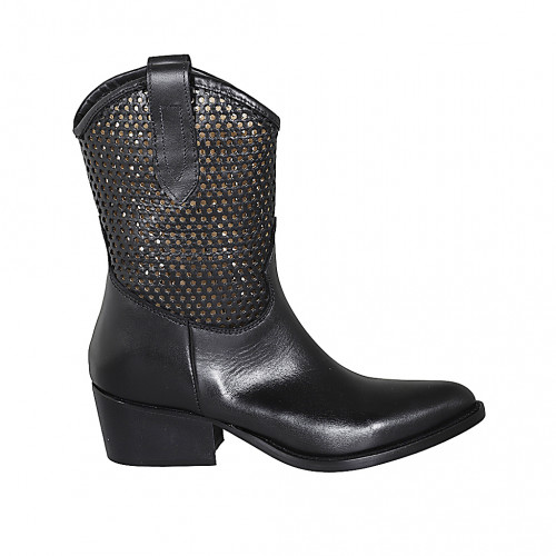 Woman's texan ankle boot with half zipper in black leather and pierced leather heel 5 - Available sizes:  32, 33, 34, 44