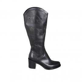 Woman's boot with half zipper in black leather and pierced leather heel 6 - Available sizes:  32, 33, 34, 35