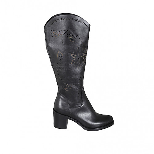 Bota para mujer con media cremallera en piel y piel perforada negra tacon 6 - Tallas disponibles:  32, 33, 34, 35