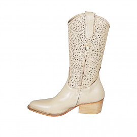 Botte texan pour femmes avec demi fermeture éclair en cuir et cuir perforé beige talon 5 - Pointures disponibles:  34, 45 2