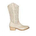 Stivale texano da donna con mezza cerniera in pelle e pelle forata beige tacco 5 - Misure disponibili: 34, 45