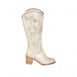 Stivale da donna con mezza cerniera in pelle e pelle forata beige tacco 6 - Misure disponibili: 45