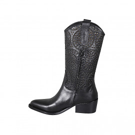 Botte texan pour femmes avec demi fermeture éclair en cuir et cuir perforé noir talon 5 - Pointures disponibles:  33, 35 2