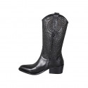 Woman's Texan boot with half zipper in black leather and pierced leather heel 5 - Available sizes:  33, 35