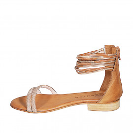 Scarpa aperta da donna con cerniera e strass in pelle color cuoio e laminata rame tacco 2 - Misure disponibili: 32 2