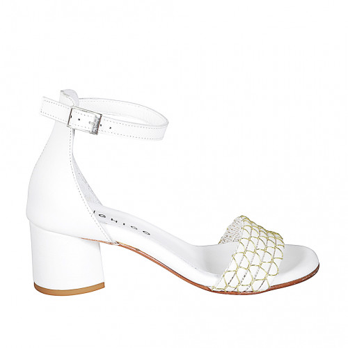 Zapato abierto para mujer con cinturon en piel blanca con red oro tacon 5 - Tallas disponibles:  35, 42, 43, 45