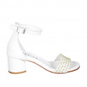 Woman's open shoe with strap in white leather with golden net heel 5 - Available sizes:  35, 42, 43, 45