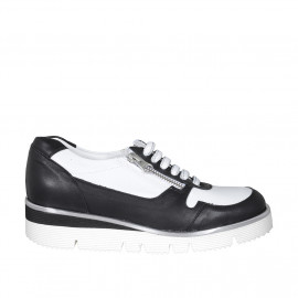 Woman's laced shoe with zippers in white and black leather wedge heel 3 - Available sizes:  32, 33, 35, 42, 43, 44