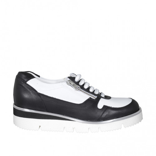 Zapato con cordones y cremalleras para mujer en piel blanca y negra cuña 3 - Tallas disponibles:  32, 33, 35, 42, 43, 44