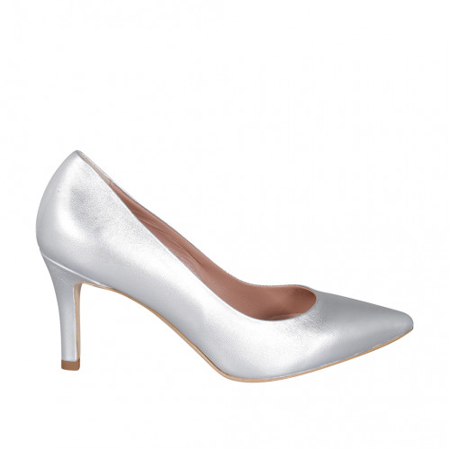 Woman's pointy pump in silver laminated leather with heel 7 - Available sizes:  32, 33, 34, 35, 43, 44, 45