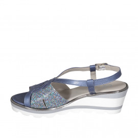 Sandale pour femmes en cuir narcée bleu gris et imprimé multicouleur talon compensé 5 - Pointures disponibles:  45, 46 2
