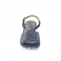 Woman's sandal in blue grey pearly and multicolored printed leather wedge heel 5 - Available sizes:  45, 46