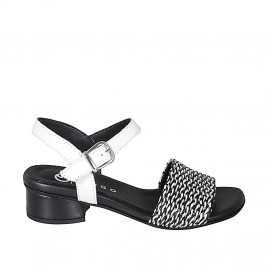Sandale pour femmes en cuir blanc et rafia blanc et noir avec courroie à la cheville talon 3 - Pointures disponibles:  42, 43, 44