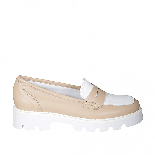 Mocassino da donna in pelle beige e bianca tacco 4 - Misure disponibili: 35