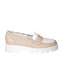 Mocassin pour femmes en cuir beige et blanc talon 4 - Pointures disponibles:  35