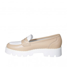 Mocassin pour femmes en cuir beige et blanc talon 4 - Pointures disponibles:  35 2