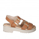 Woman's sandal with adjustable buckles in cognac brown leather heel 4 - Available sizes:  35