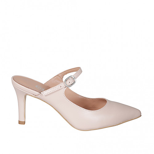 Mary Jane style pointy closed toe mules with strap in nude leather heel 7 - Available sizes:  34, 35, 42