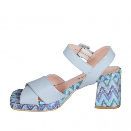 Sandalo da donna con cinturino e plateau in pelle azzurra e tessuto multicolore tacco 7 - Misure disponibili: 32, 35, 44, 45 2