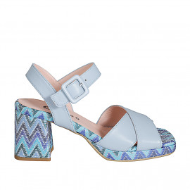 Sandalo da donna con cinturino e plateau in pelle azzurra e tessuto multicolore tacco 7 - Misure disponibili: 32, 35, 44, 45