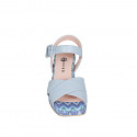 Woman's sandal with strap and platform in light blue leather and multicolored fabric heel 7 - Available sizes:  32, 35, 44, 45